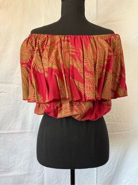 Off-Shoulder Red Crop Top with Gold Fern Print
